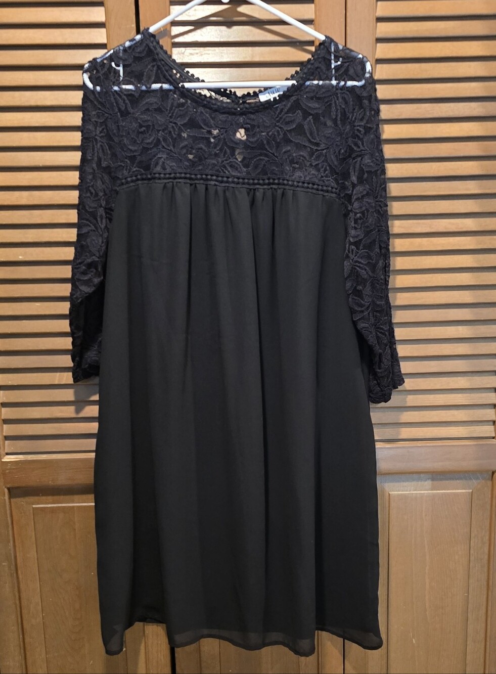 As U Wish Black Chiffon Shift Dress with Lace Sleeves & Yoke [1X]